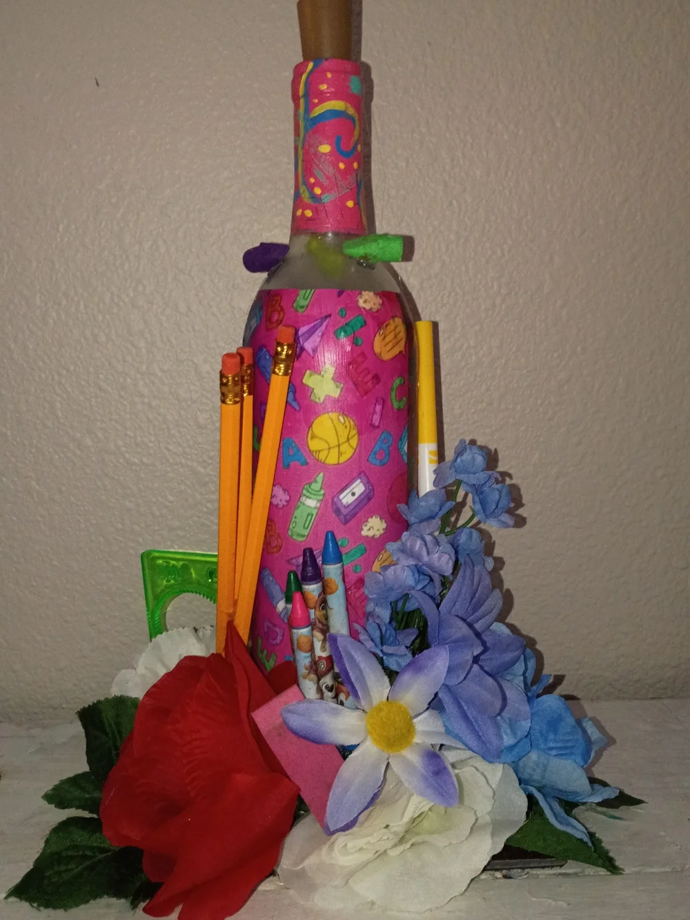 Bright Minds Pink School-Themed Decorative Bottle Light with Floral Accents